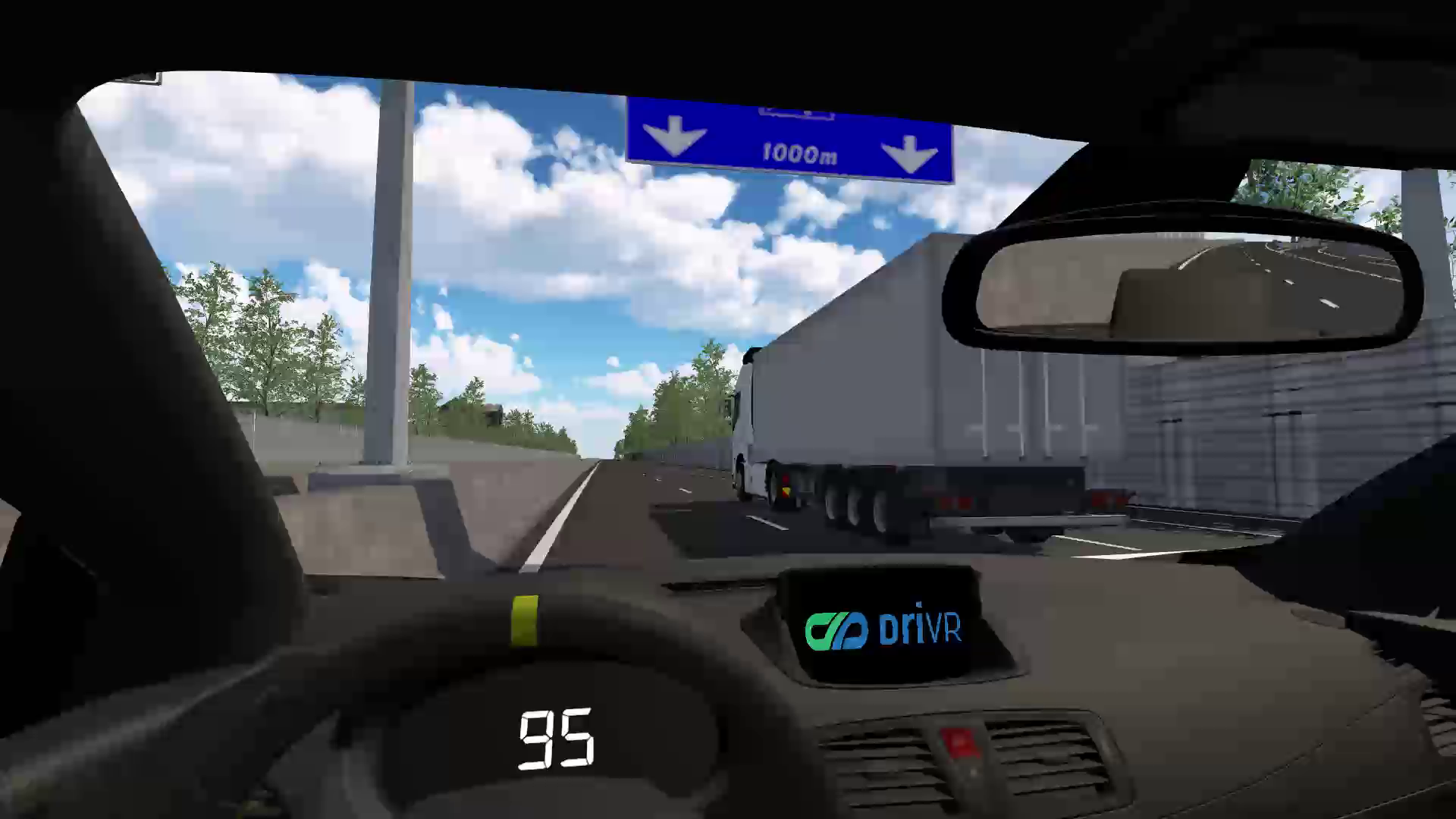 Scénario réalité virtuelle Angles morts sur voie rapide — une voiture dépasse un poids lourd